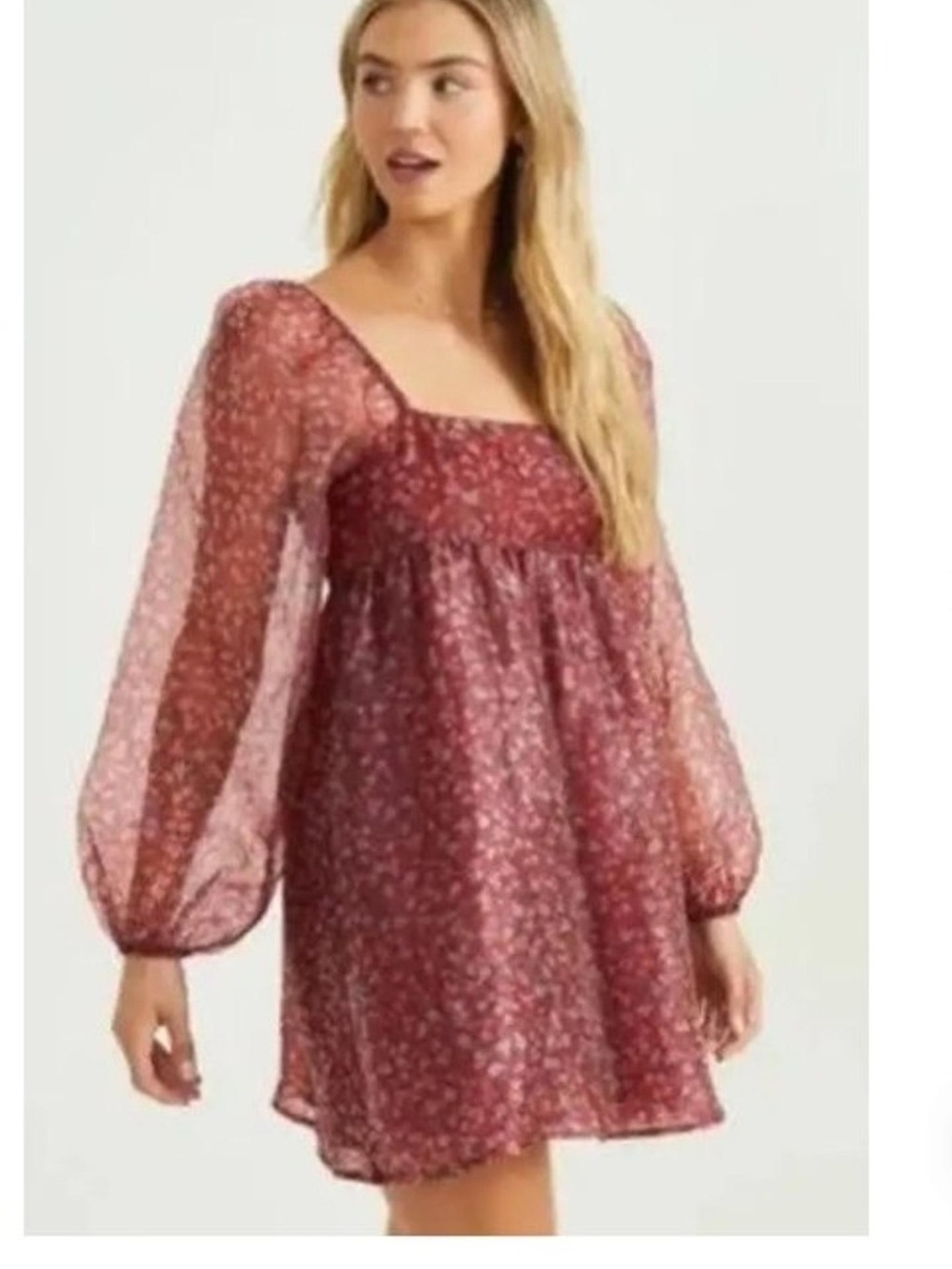 Altard State Red Ditsy Floral Babydoll Mini Dress Square Neck Puff Sleeve Size M